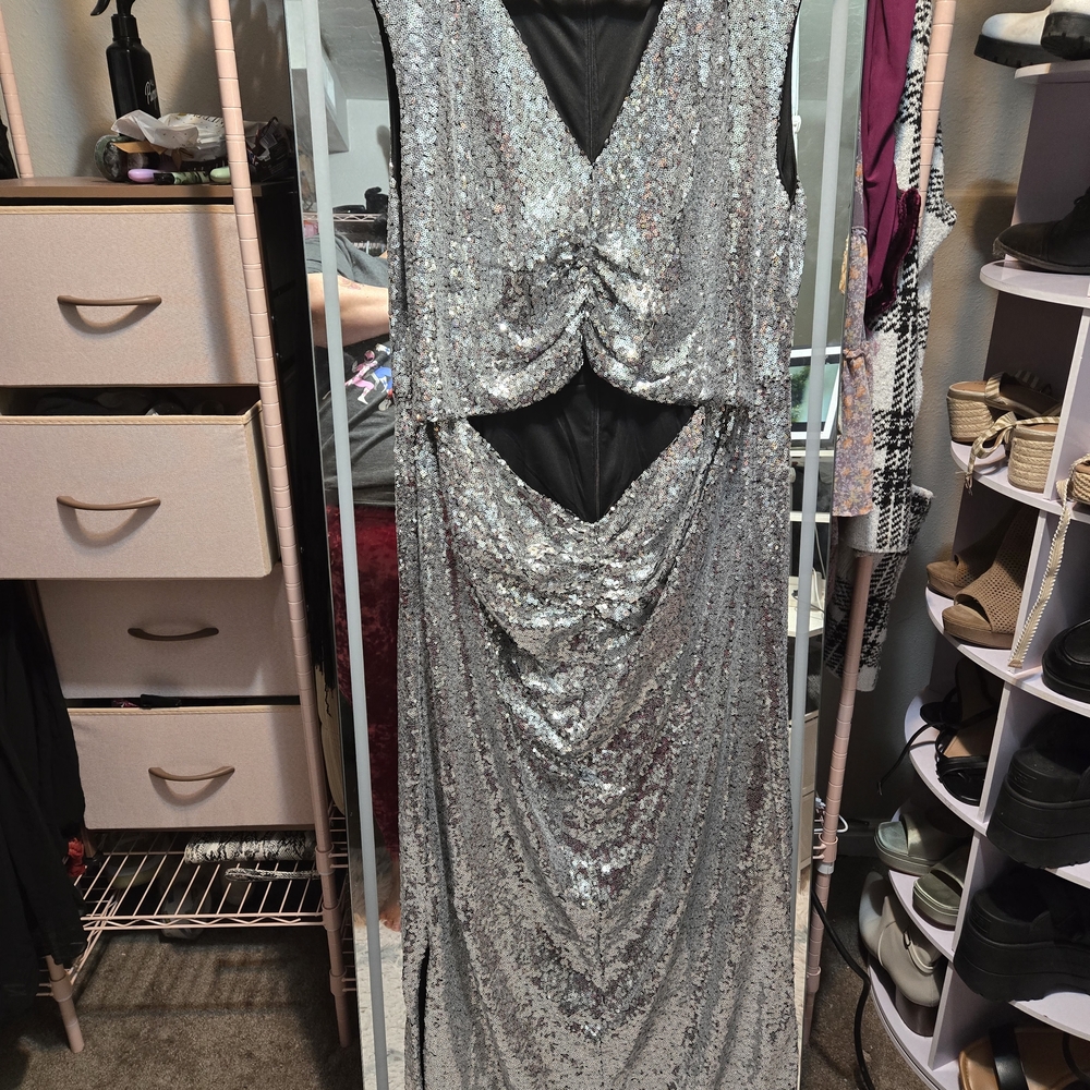 Silver Sequin Draped Evening Dress